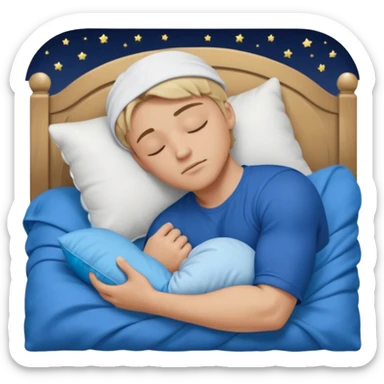 A young muscular male with short dark-blonde hair and medium-light skin, wearing blue cloth. He sleeps on his side, holding a soft white pillow, his head on a smooth blue pillow. A sleeping symbol floats above him in the dark, nighttime scene. A flowing blue blanket with silky folds covers him. sticker