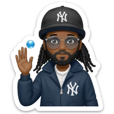 African American man with shoulder length black dreadlocks with black beard wearing black sunglasses with black bubble winter coat wearing a New York Yankees baseball hat with his hands on top of head in thinking position sticker