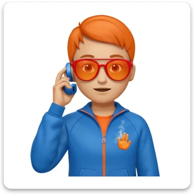 cartoon emoji-style figure in blue tracksuit and red-tinted sunglasses, hand to ear as if talking on phone, animated cool character, orange smoky backdrop sticker