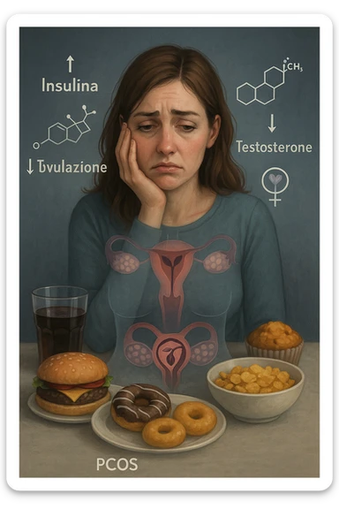 Donna tra i 25 e i 35 anni con espressione affaticata e delusa, seduta a tavola. Davanti a lei cibi ad alto indice glicemico: dolci industriali, cereali raffinati, bibite zuccherate. In trasparenza sopra il suo corpo si vedono ovaie con cisti multiple (PCOS) e un simbolo stilizzato di fertilità (utero con fiore appassito o cerchio spezzato). Attorno a lei fluttuano molecole simboliche come '↑ Insulina', '↑ Testosterone', '↓ Ovulazione'. Atmosfera triste ma educativa. Colori freddi con accenti in rosso e viola. Stile realistico con elementi visivi simbolici chiari in italiano sticker