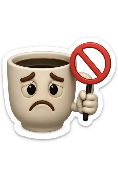 emoji stile iphone di una tazzina di caffè con espressione triste in volto mentre tiene un divieto in mano, iperrealistico 4k sticker