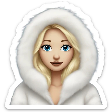 Beautiful Girl with lashes and blue eyes, blonde hair, in a extremely big fluffy oversized white fur coat with hood on. The fur is real and it’s very obvious big and fluffy  sticker