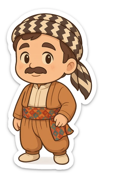 Create a chibi Kurdish cartoon sticker based on the reference image, showing an anticipating (waiting/expecting) expression, with a transparent background. sticker
