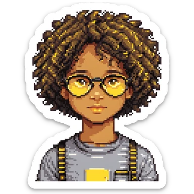 11 year old mixed-race boy, yellow and black glasses, curly hair, pixel art style sticker