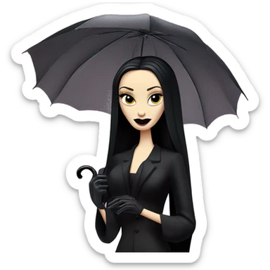 Teen Morticia Addams at a rainy funeral holding umbrella. funeral veil,gloves, holding small clutch.Palm Beach Honey Barbie  sticker
