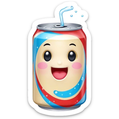 Cute Kawaii Soda Can, bubbly and vibrant, bright red and blue stripes, playful fizz popping around, a chubby happy face with wide sparkling eyes, energetic and refreshing! sticker