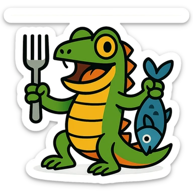 cartoon lizard with a fork in one hand and a fish in the other, vibrant colors, playful character sticker