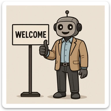 a recruiter robot giving a thumbs up, business casual, standing by a welcome sign sticker