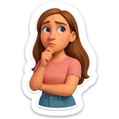 3D cartoon sticker, DreamWorks style of a 30-year-old woman with long light brown hair below shoulder blades, fair skin, large expressive blue eyes, slight bump on nose, wearing a pastel pink t-shirt and light blue mom jeans, thoughtful expression, soft light, white sticker outline sticker