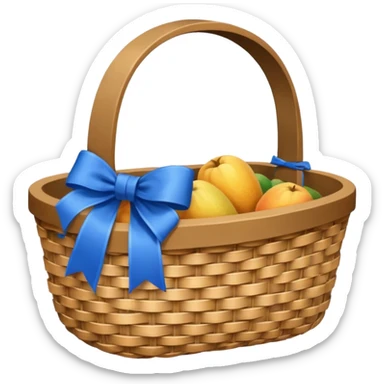 A basket with a blue ribbon on the handle sticker