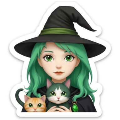 Witch with cat companion, green haired sticker