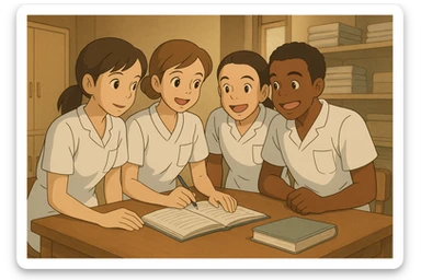 Four nursing students inspired by references, in Ghibli style, collaborating and interacting indoors. White short-sleeve uniforms with V-neck, left chest pocket, bare forearms, long hair tied back for those who have it, no collar stand or stethoscopes. Warm atmosphere, medical tunic, indoor setting. sticker