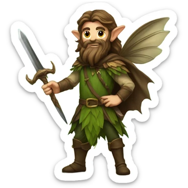 Male, forest fairy, fairy wings, long beard, pointed elf ears, long brown hair, vines, holding medieval sword sticker