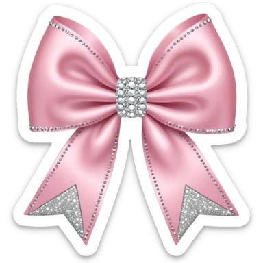 Cutesy pink bow emoji. Shiny baby pink satin ribbon. It's silver glitter sparkles on it. Shiny with rhinestones and shadowed to look three-dimensional sticker