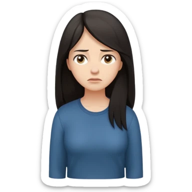 "Cartoon emoji of a woman with long, loose dark hair, wearing plain, simple clothes. Full-height, standing, nervous, unsure, worried expression. Slightly hunched, anxious posture. Smooth, simple, stylized."Eyes looking down or away, avoiding direct contact sticker