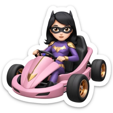 Hot full size real-appearance enclosed electric racing action BatGirl’s feminine midnight-colored tight outfit sixty’s tv show 1992 dark stealthy sporty safe plush petite off-road pursuit cruiser car rose gold accents (black hair,reclined and relaxed torso and shoulders seating position) go kart  sticker
