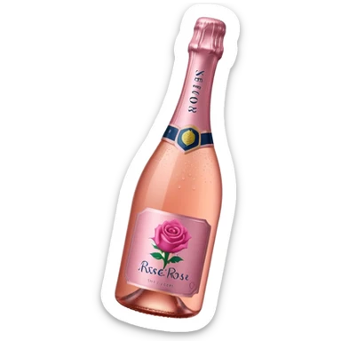 bottle of sparkling rosé with a rose logo on the label, angled to the left, no glass sticker