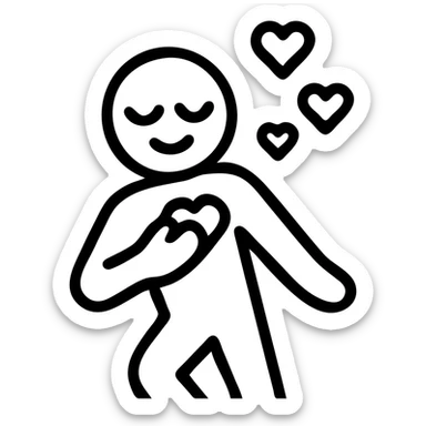 icon of a person with a hand over their heart, eyes closed in love, leaning as if about to fall, modern icon style sticker