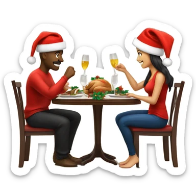 emoji Sports couple , a man and a woman in sportswear, sitting at the Christmas dinner table with a red Christmas hat sticker
