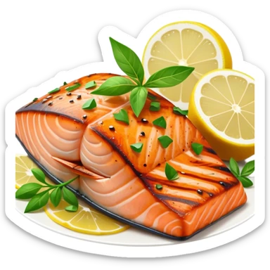 Cinematic perfectly grilled salmon, rich orange hues with crispy skin, garnished with fresh herbs, drizzled with lemon, ultra-detailed and delicious. sticker
