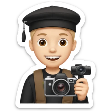 cartoon schoolboy with black cap prominent front teeth holding a camera in his hand sticker