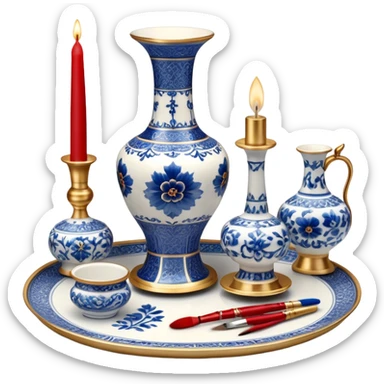 Metal painting icon, a metal vase, tray, and candlestick, each decorated with different techniques: Gzhel-style blue floral patterns, Chinese red and gold designs, and intricate Golden embroidery-style details. Visible fine paintbrush, paint pots, and accessories like porcelain palette, minimalistic style, clean lines, transparent background. sticker