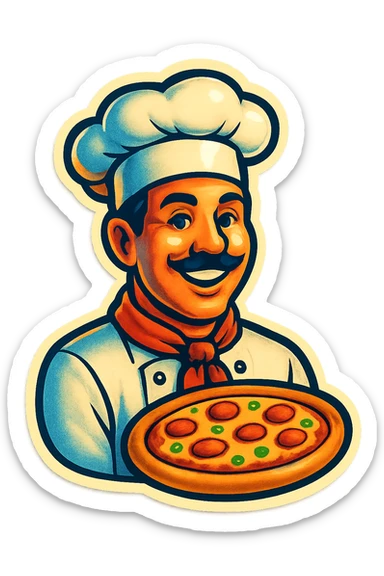 A pizza chef in retro stickers style, with a chef's hat and a retro vibe sticker