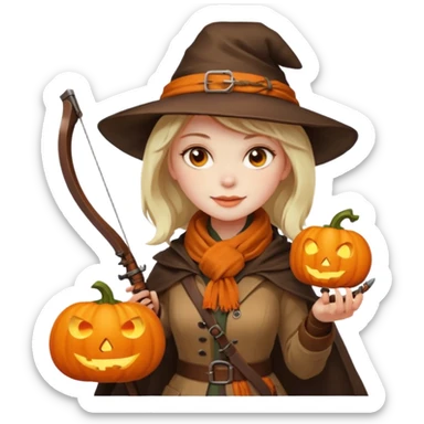 female human monster hunter emoji, wearing brown coat and hat, holding crossbow, soft smile, scarf, glowing pumpkin by her side, Halloween fantasy style, clean vector Apple emoji look, bright colors, white background, square sticker
