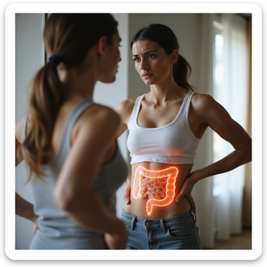 adult woman, photorealistic, intestinal problems, standing in front of mirror, intestine illustrated in transparency on abdomen, discomfort expression, natural light, bathroom background sticker