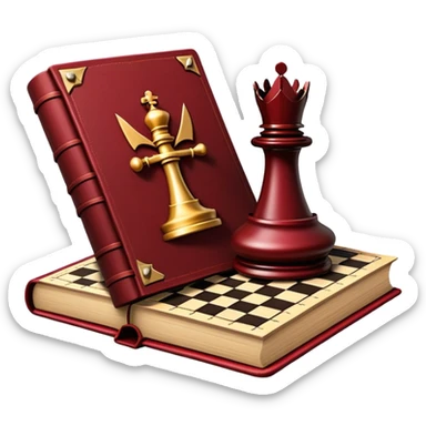A dark crimson red book with black and gold details, a rugged leather texture, and an emblem of crossed swords, a knight chess piece, radiating strategy, discipline, and the art of power number 33 sticker