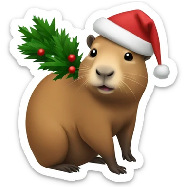 A capybara holding a Christmas tree sticker