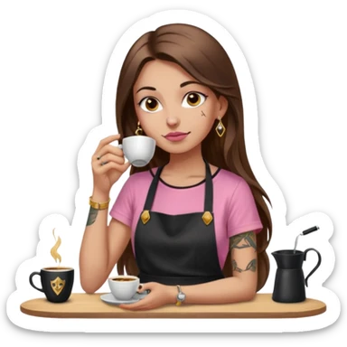 Fille cheveux long châtain, peau beige type européen, teeshirt rose avec un tablier noir, piercing au nez anneau doré, boucle d’oreille diamant doré. Elle boit un café. tatouage à la gorge  sticker