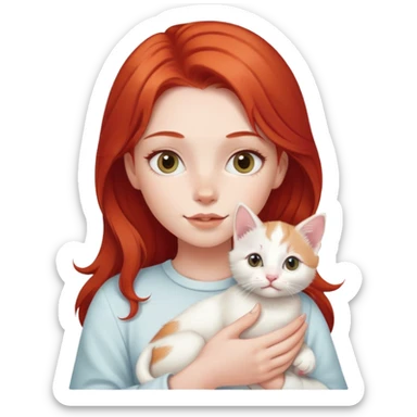 A girl with red hair and fair skin is holding a milky-white kitten. sticker