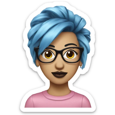 short blue  punk hairstyle lady with smart glasses pink lipstick sticker