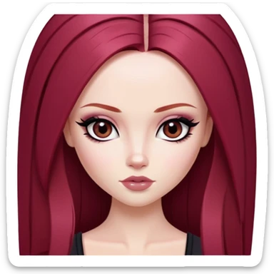 straight long wine red hair, pale skin, dark black eyes, pretty bratz baddie, black eyeliner, blush sticker