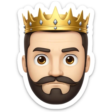 Create a cartoon-style emoji of a man with the following characteristics:

Serious and slightly skeptical expression with furrowed eyebrows and a slight frown.
Dark beard and mustache, neatly trimmed.
Short hair on the sides with slightly longer hair on top, styled naturally.
Wearing a golden crown with spikes and rounded tips.
Intense, thoughtful gaze looking slightly off-camera.
Bold outlines and simplified facial features, maintaining a fun and playful emoji style.
Transparent background, suitable for use as a digital sticker or emoji. sticker