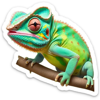 cinematic giant-tongue out chameleon-realistic emoji, mouth wide open with tongue out, -blending-with-vibrant-greenery.-detailed-scales-in-shifting-colors,-showing-the-chameleon’s-ability-to-camouflage.-soft-natural-light-highlights-its-texture.-light-background, zoomed into its face sticker