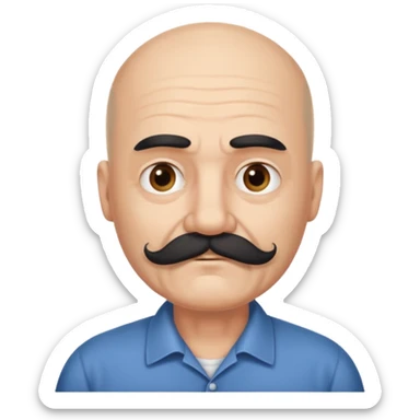 61 years old. Bald with dark hair on the sides. black thick moustache. White beard. saying sorry sticker