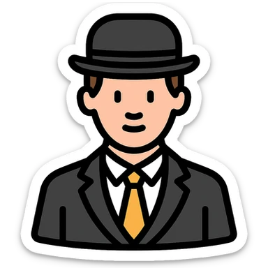 man in a vintage black and white suit, no facial hair, colored outline icon sticker