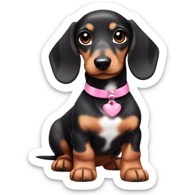 A marble dachshund puppy with a pink bow around its neck sticker