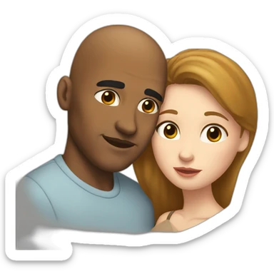 A mixed race man with very little hair kissing a white woman with brown hair, Who embrace each other tenderly sticker