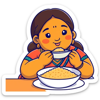 A brown Fat Indian girl with a big nose and forehead eating rice  sticker