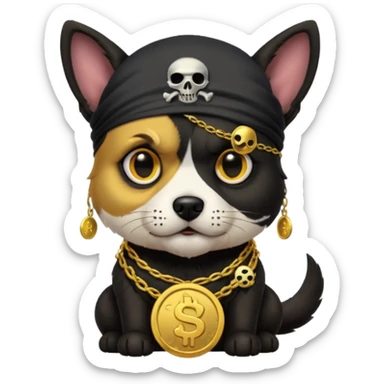 i want to create a dog like from cyberpunk with one eye, a pirate one and he looks greedy with golden coins sticker