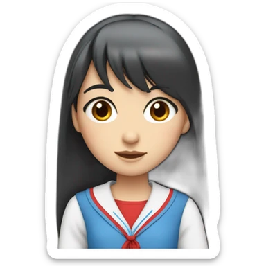 girl with long black hair, thick bangs, blue eyes, red school uniform sticker