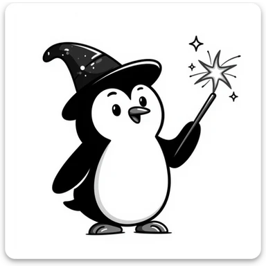 A penguin wizard with a round hat and a magic wand sticker