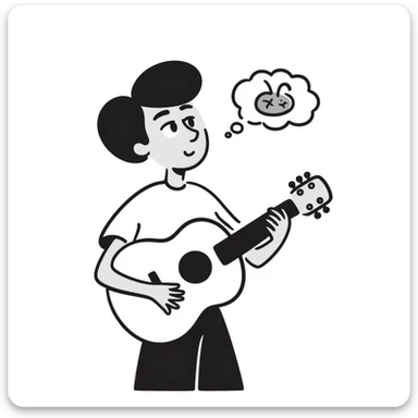 Close-up of a musician's face and torso, holding a guitar, looking up at the sky with a sad and worried expression, with a small thought cloud above showing something causing concern sticker