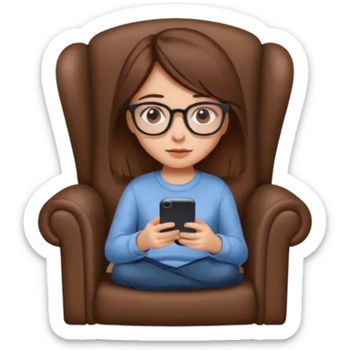 Menina de cabelos castanhos e óculos sentada numa poltrona olhando o smartphone  sticker