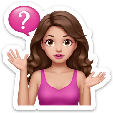 girl with long wavy brown hair, brown eyes, long lashes makeup, sexy pink lips, light to medium complexion, pink sexy top, two hands up, shrugging, confused question mark bubble sign sticker