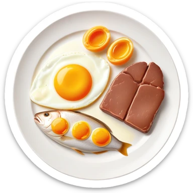A plate with liver, egg yolk, butter and fish, with vitamin A nutrition labels sticker