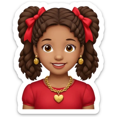 Brownskin girl dark brown hair fluffy. pigtails with red bows brown eyes smiling closed mouth red shirt gold esrrings gold necklace sticker